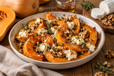 Recette de courge rôtie au miel, chèvre et noix